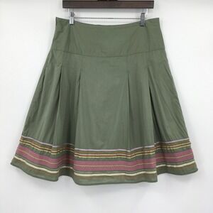 Merona Embroidered Midi Skirt Womens 10 Green Cottage Pleated Earthy Peasant